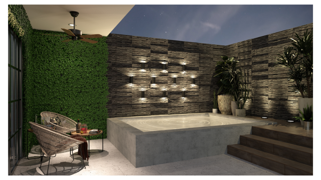 Render 3D de terraza moderna con jacuzzi de hormigón, jardín vertical e iluminación en muro de piedra.